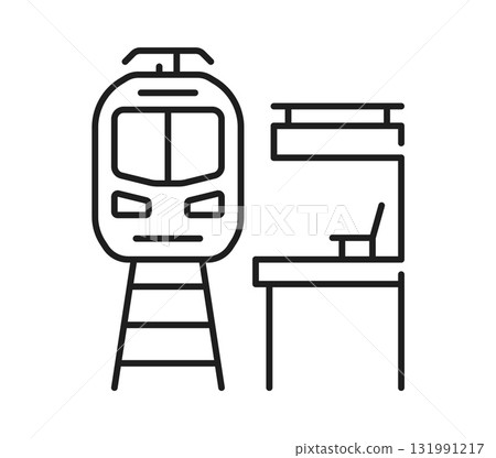 Railroad and railway icon of train or subway metro station, vector line symbol. Railroad and railway line pictogram of metro, underground and tram or railcar train approach to station platform 131991217