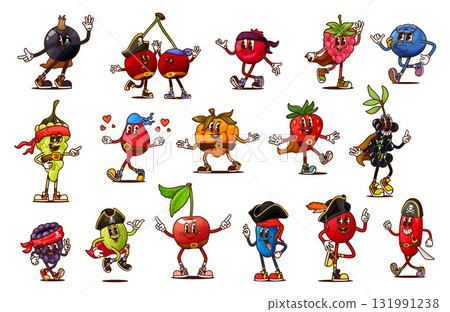 Groovy berry pirate and corsair characters of vector retro hippie fruit food. Cartoon funky strawberry, cherry, grapes and raspberry, groovy barberry, cranberry and currant berries with pirate hats 131991238