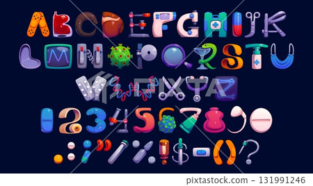 Medicine type, cartoon medical font, healthcare typeface, medical English alphabet, numbers and signs set with medical elements such as pills, dna strands, stethoscopes, masks, syringes and viruses 131991246