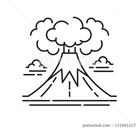 Erupting volcano landscape line icon or pictogram. Environment and nature landscape element or thin line vector symbol, travel scene pictogram. Natural disaster icon with exploding volcano mountain 131991257