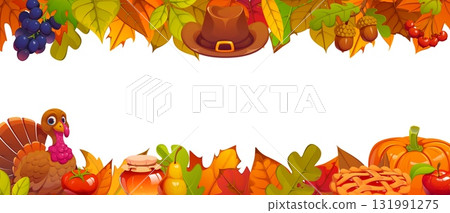 Thanksgiving Day border frame with harvest and cartoon turkey bird, vector banner. Pilgrim hat, acorns, pumpkins and pie with honey, fruits, tomato and autumn leaves border for Thanksgiving holiday 131991275