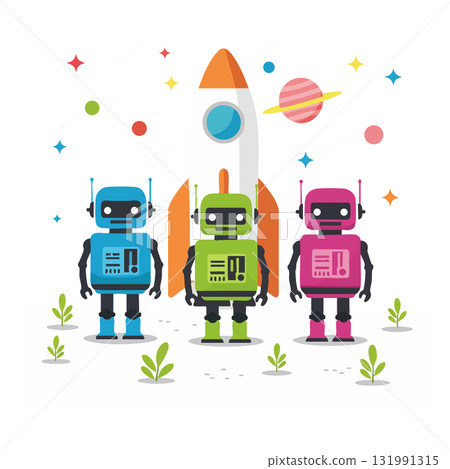 Colorful robots standing in front of rocket with planets and stars space background vector illustration 131991315