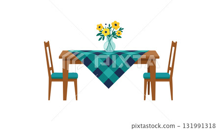 Dining table with two chairs and blue checkered tablecloth with flower vase centerpiece vector Dining table with two chairs and blue checkered tablecloth with flower vase centerpiece vector 131991318