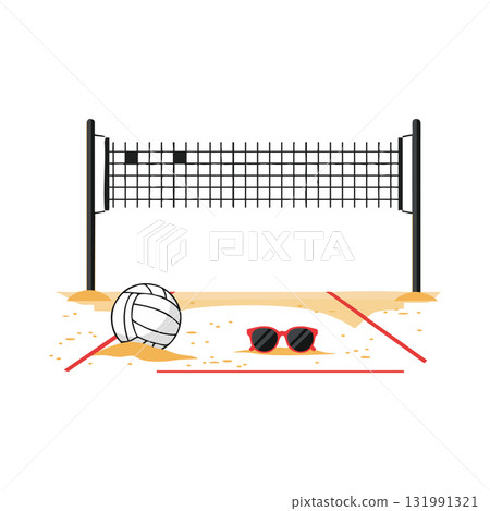 Beach volleyball court with ball and sunglasses summer leisure sport equipment vector Beach volleyball court with ball and sunglasses summer leisure sport equipment vector 131991321