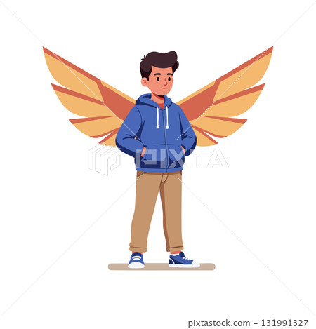 Boy with stylized orange wings standing in blue hoodie and beige trousers vector illustration Boy with stylized orange wings standing in blue hoodie and beige trousers vector illustration 131991327