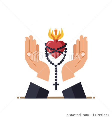 Sacred heart symbol with rosary beads held by open hands religious vector artwork Sacred heart symbol with rosary beads held by open hands religious vector artwork 131991337