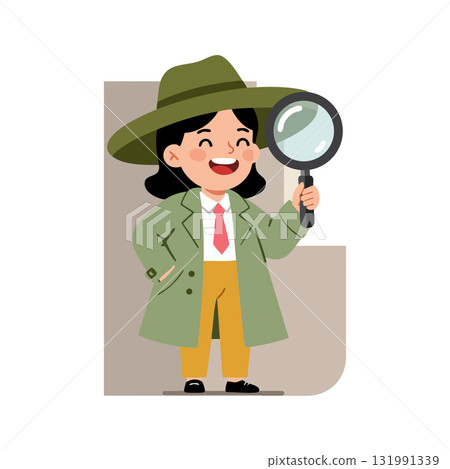 Female detective character with magnifying glass in green trench coat and hat vector illustration Female detective character with magnifying glass in green trench coat and hat vector illustration 131991339