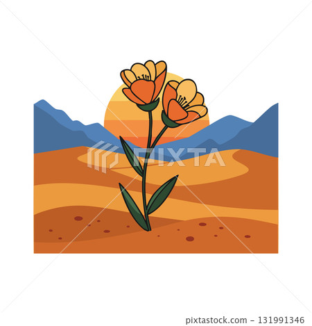 Desert flower with orange sunset and blue mountains landscape illustration vector Desert flower with orange sunset and blue mountains landscape illustration vector 131991346