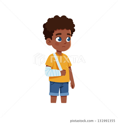Boy with broken arm wearing sling and casual summer clothes vector illustration 131991355