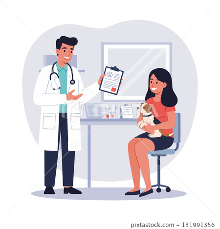 Male doctor consulting female patient holding a puppy in veterinary clinic vector illustration 131991356