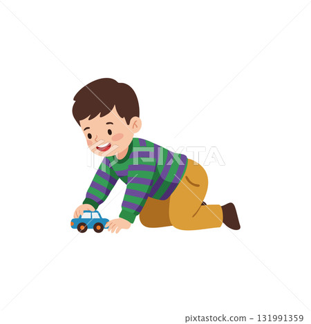 Boy playing with toy car wearing green and purple striped shirt and brown pants vector illustration 131991359