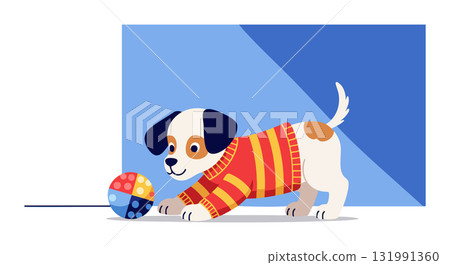 Puppy playing with colorful ball in blue room vector illustration 131991360