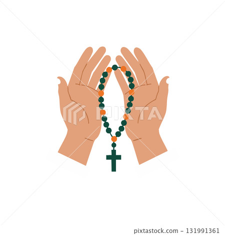 Hands holding rosary beads with cross religious prayer vector illustration 131991361