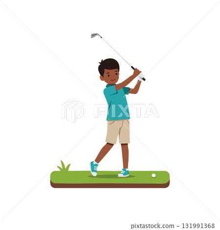 Boy playing golf with club on green field vector illustration sporty activity 131991368