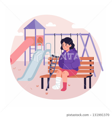 Injured girl with crutches sitting on bench at playground in purple hoodie vector illustration 131991370