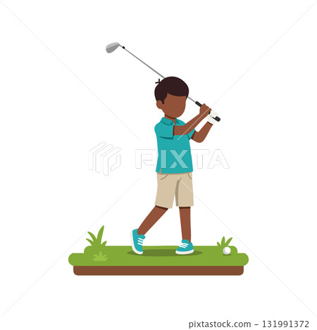 Young boy playing golf swinging club on green grass vector illustration 131991372