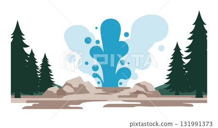 Natural geyser erupting among rocks and pine trees scenic landscape vector illustration 131991373