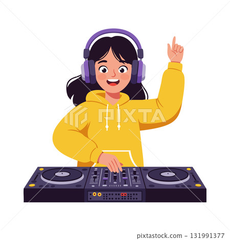 Female DJ in yellow hoodie playing music on professional mixing console vector illustration Female DJ in yellow hoodie playing music on professional mixing console vector illustration 131991377