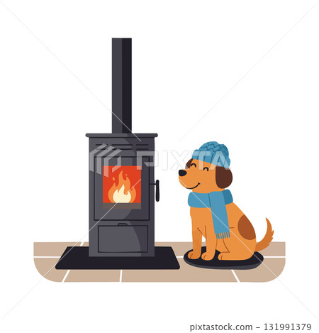 Dog Wearing Hat and Scarf Sitting by Warm Fireplace Indoor Cozy Scene Vector Illustration 131991379