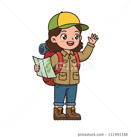 Young female hiker with map and backpack waving hand in outdoor adventure vector illustration 131991386