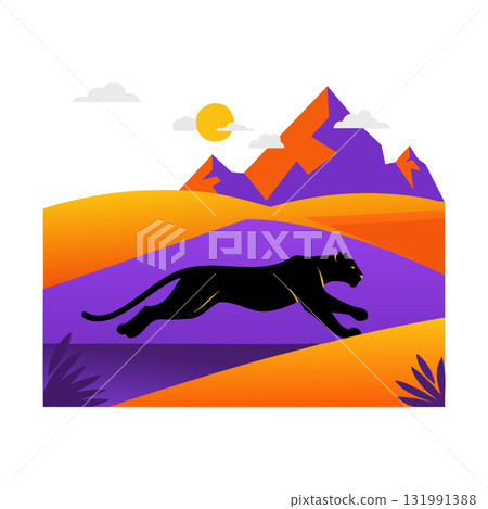 Black Panther Running Across Orange and Purple Landscape with Mountains and Sun Vector Illustration 131991388