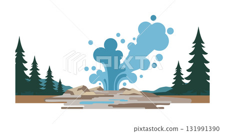 Geyser erupting in natural landscape with pine trees vector illustration Geyser erupting in natural landscape with pine trees vector illustration 131991390