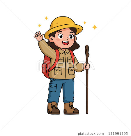 Girl Explorer Wearing Yellow Hat Holding Walking Stick Vector Illustration Happy Outdoors Activity 131991395