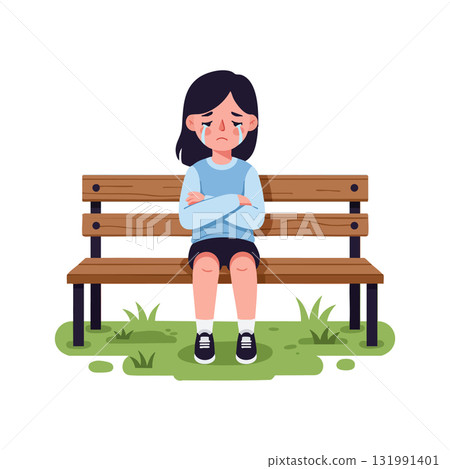 Sad girl sitting on wooden bench crying with crossed arms vector illustration Sad girl sitting on wooden bench crying with crossed arms vector illustration 131991401