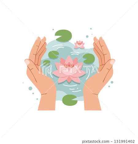 Hands Protecting Pink Lotus Flowers in Water Pond with Green Lily Pads Vector Illustration 131991402