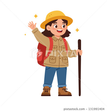 Happy young girl hiking with walking stick and backpack outdoors adventure 131991404