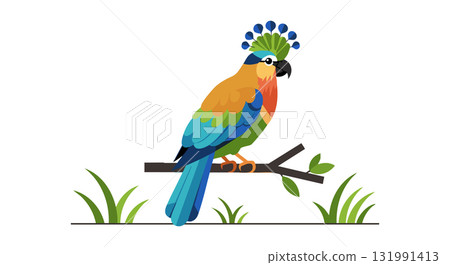 Colorful Parrot Bird Sitting on Branch with Green Leaves Vector Illustration Colorful Parrot Bird Sitting on Branch with Green Leaves Vector Illustration 131991413