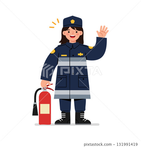 Female Firefighter Wearing Uniform Holding Fire Extinguisher Waving Hand Vector Illustration 131991419