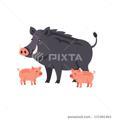 Wild boar with two piglets animal family cute vector illustration 131991463