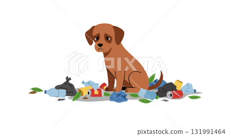 Sad brown puppy surrounded by scattered trash waste vector illustration Sad brown puppy surrounded by scattered trash waste vector illustration 131991464