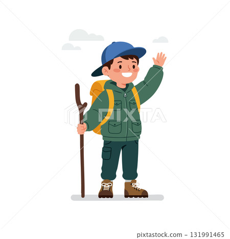 Boy Hiking with Backpack and Walking Stick Wearing Outdoor Jacket and Cap Vector Illustration Boy Hiking with Backpack and Walking Stick Wearing Outdoor Jacket and Cap Vector Illustration 131991465
