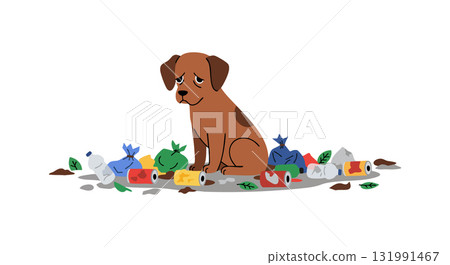 Sad brown dog sitting among garbage and trash vector illustration 131991467