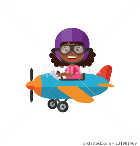 Girl pilot flying small colorful airplane with purple helmet vector illustration 131991469
