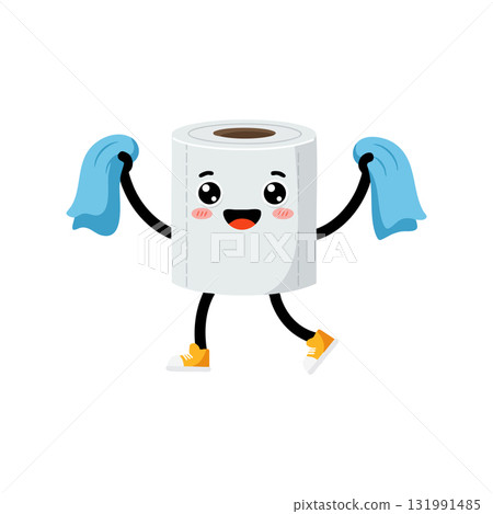 Happy cartoon toilet paper roll holding blue towels cheerful vector illustration Happy cartoon toilet paper roll holding blue towels cheerful vector illustration 131991485