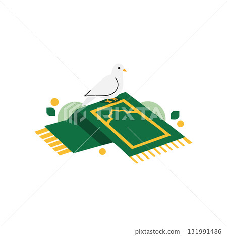 White bird standing on green and yellow prayer rug with geometric design vector illustration 131991486