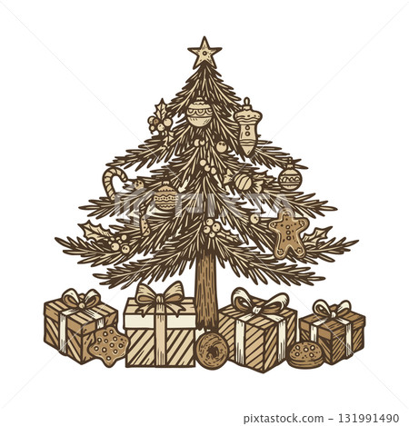 Christmas tree with gifts and festive decorations in vintage style vector illustration 131991490