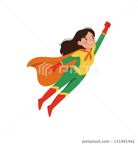Girl superhero flying in green costume with orange cape heroic female character vector illustration Girl superhero flying in green costume with orange cape heroic female character vector illustration 131991492