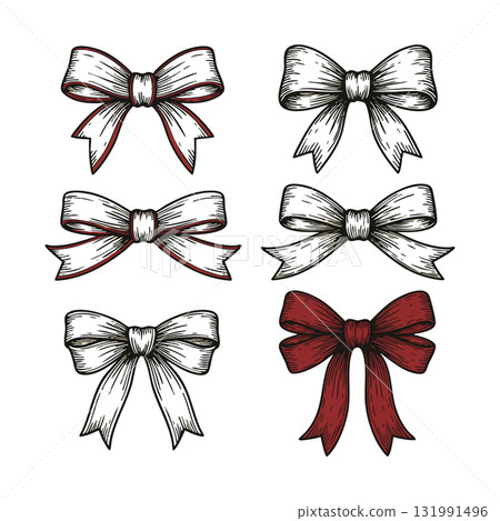 Hand Drawn Vintage Ribbon Bows Collection with Red and White Colors Vector Illustration 131991496