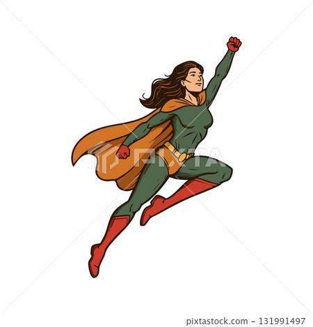 Female superhero flying with cape and dynamic pose in comic style vector illustration 131991497