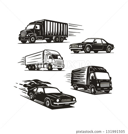 Vintage style illustration of moving trucks and cars in black and white vector design Vintage style illustration of moving trucks and cars in black and white vector design 131991505