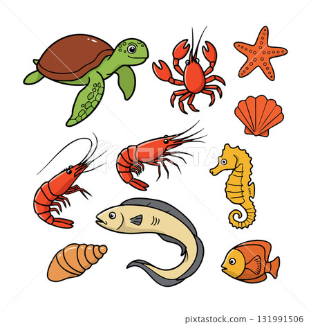Marine animals vector illustration with turtle crab starfish shrimp fish seahorse shell coral Marine animals vector illustration with turtle crab starfish shrimp fish seahorse shell coral 131991506