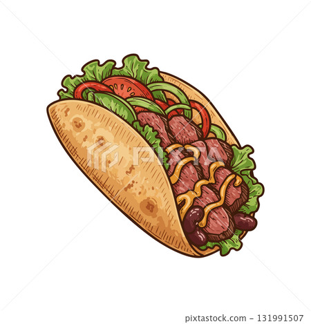 Beef and Vegetable Sandwich with Lettuce Tomato and Mustard Sauce Vector Illustration Beef and Vegetable Sandwich with Lettuce Tomato and Mustard Sauce Vector Illustration 131991507