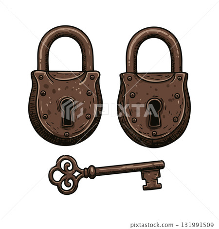 Vintage rusty iron padlocks and antique key vector illustration for security and protection design 131991509