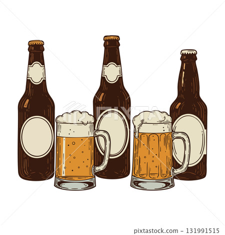 Beer bottles and frothy beer mugs illustration with amber liquid and foam topping vector 131991515