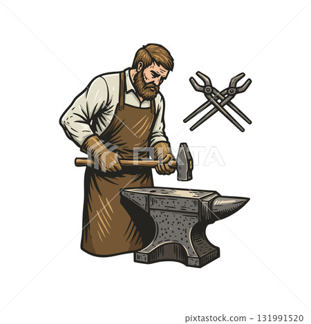 Blacksmith working with hammer and anvil in leather apron vector illustration 131991520