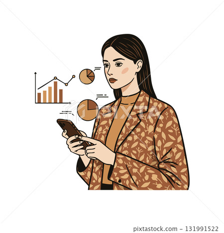 Woman Using Smartphone with Business Graphs and Pie Charts Vector Illustration in Brown Tones Woman Using Smartphone with Business Graphs and Pie Charts Vector Illustration in Brown Tones 131991522